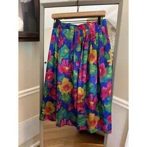 Russ Vintage 80s Floral Skirt High Waist Midi Pleated Bold Bright Print Size 12